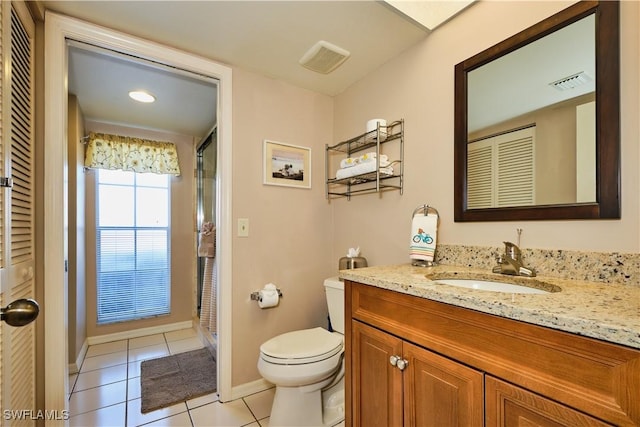 full bath with visible vents, toilet, a stall shower, and tile patterned flooring