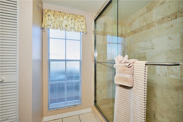 bathroom featuring a shower stall and tile patterned flooring