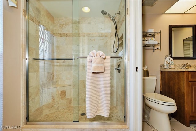 full bath featuring vanity, toilet, and a stall shower