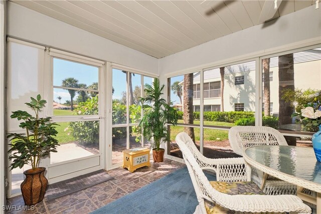 sunroom featuring wooden ceiling