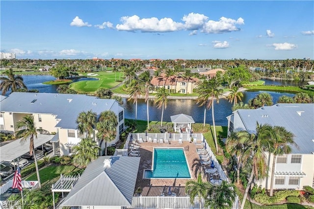 birds eye view of property featuring a residential view and a water view