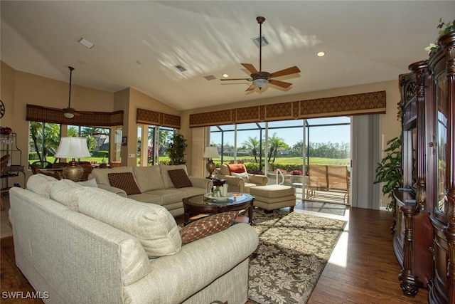 living area featuring visible vents, ceiling fan, lofted ceiling, recessed lighting, and wood finished floors