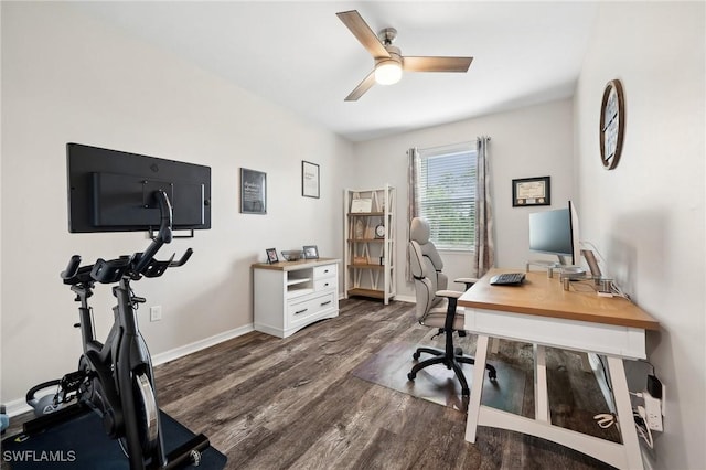 home office featuring baseboards, dark wood-style floors, and a ceiling fan