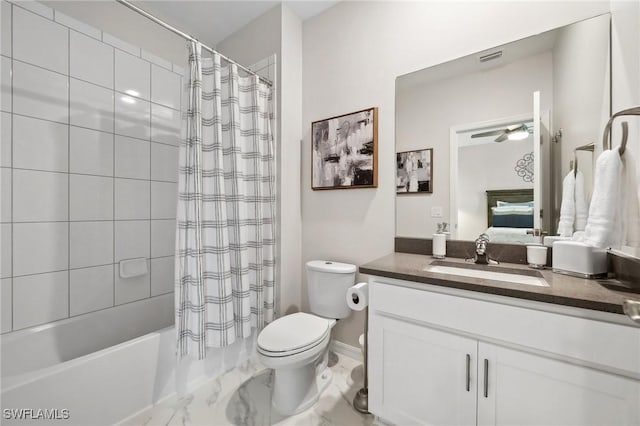 full bathroom with toilet, marble finish floor, shower / tub combo with curtain, connected bathroom, and vanity