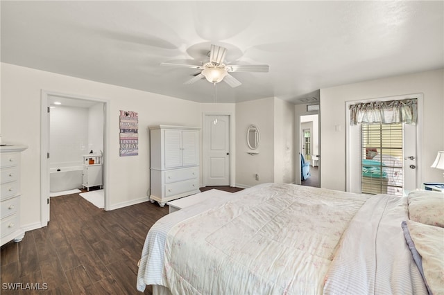 bedroom featuring baseboards, dark wood-style flooring, and ceiling fan