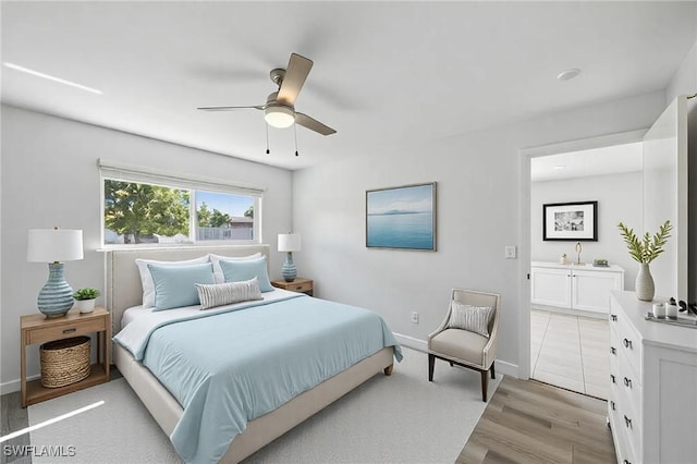 bedroom with light wood finished floors, ceiling fan, and baseboards