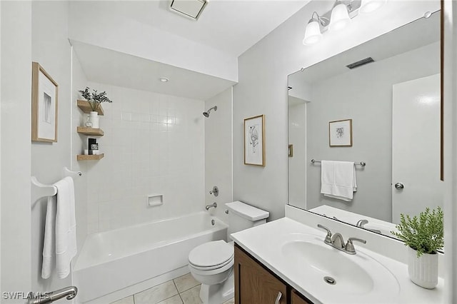 bathroom featuring vanity, visible vents, tub / shower combination, tile patterned floors, and toilet