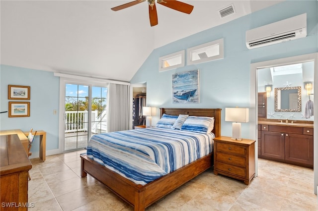 bedroom featuring visible vents, connected bathroom, a wall unit AC, access to outside, and a sink