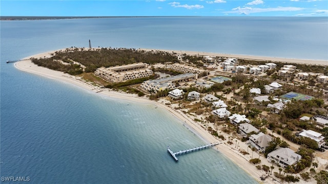 aerial view with a water view and a view of the beach