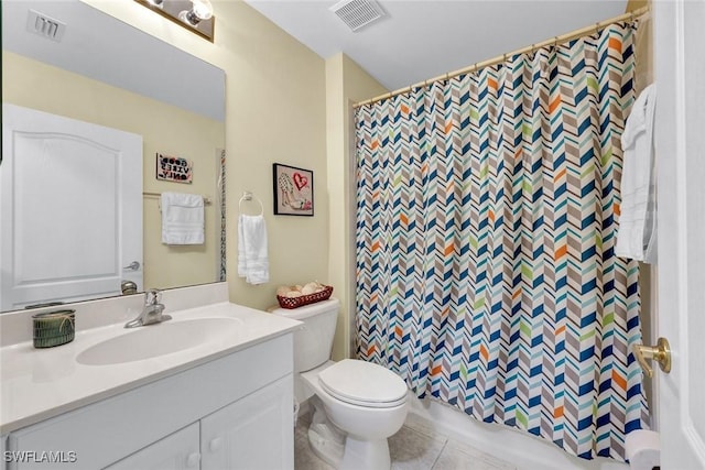 full bathroom with a shower with shower curtain, visible vents, toilet, and tile patterned flooring