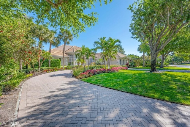 view of property's community featuring a yard and decorative driveway