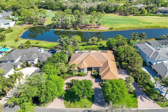 aerial view featuring a residential view and a water view