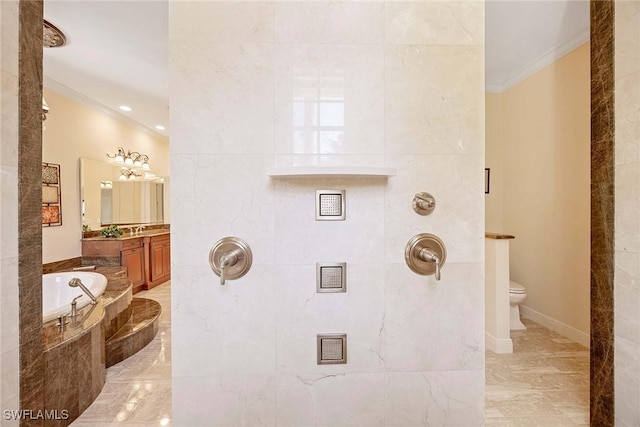 full bathroom featuring toilet, ornamental molding, a shower, a bath, and vanity