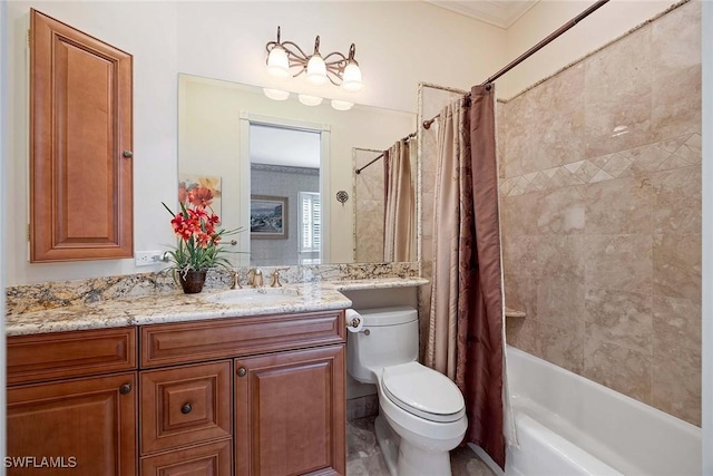 bathroom featuring vanity, toilet, and shower / tub combo with curtain