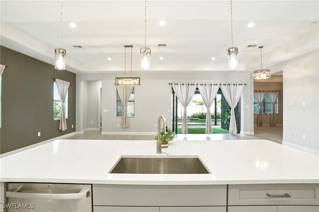 kitchen with a sink, a raised ceiling, stainless steel dishwasher, and open floor plan