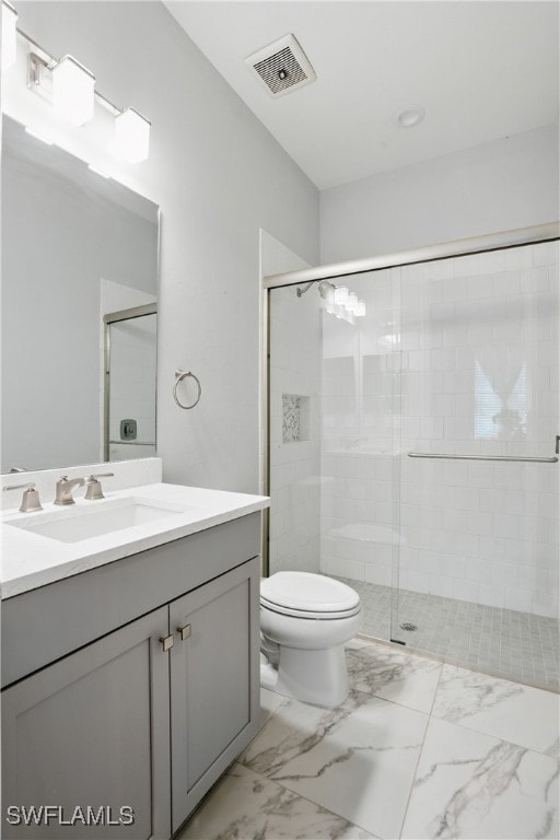 full bath featuring visible vents, toilet, a stall shower, marble finish floor, and vanity