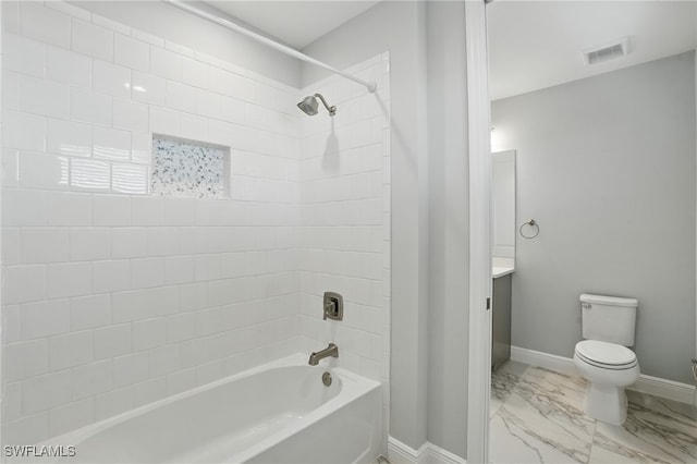 bathroom with vanity, visible vents, tub / shower combination, toilet, and marble finish floor