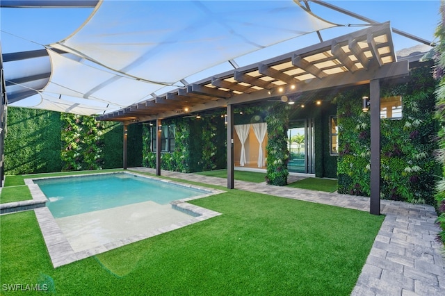 pool featuring a patio, a lawn, and a pergola