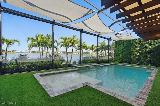 pool featuring a water view, a lawn, a lanai, and a patio area