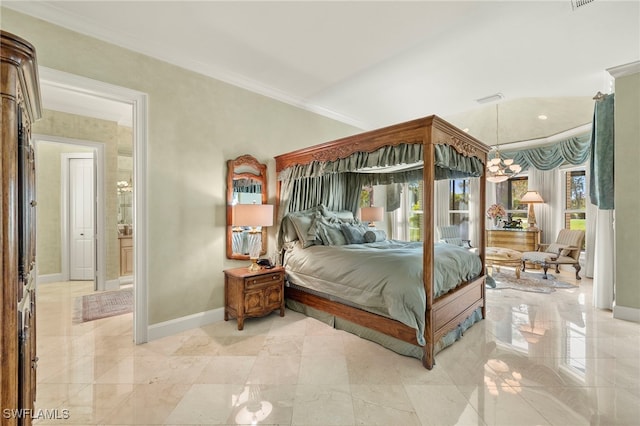 bedroom featuring visible vents, baseboards, access to exterior, and ornamental molding