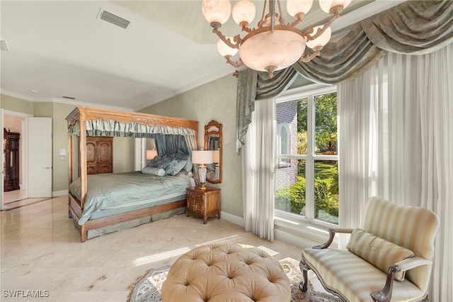 bedroom featuring visible vents, baseboards, a notable chandelier, and ornamental molding