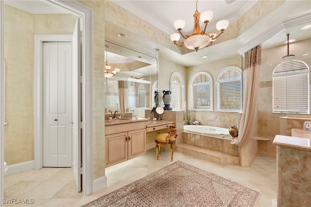 full bath featuring a garden tub, ornamental molding, an inviting chandelier, walk in shower, and vanity