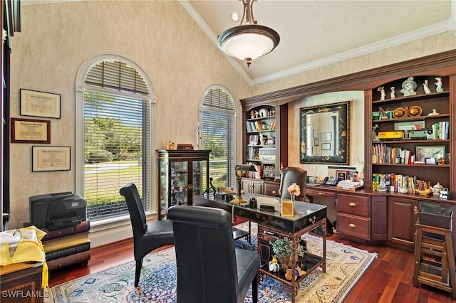 office with high vaulted ceiling, dark wood-style flooring, and ornamental molding