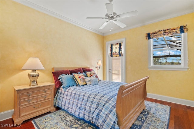 bedroom with baseboards, dark wood finished floors, ornamental molding, a ceiling fan, and access to outside