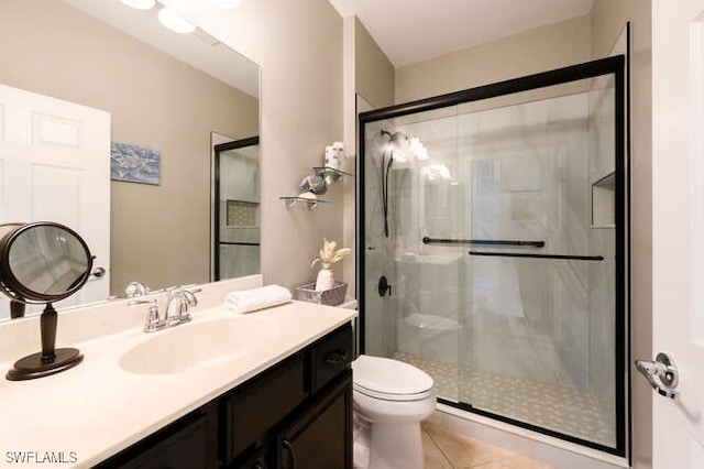 bathroom with tile patterned flooring, a stall shower, toilet, and vanity