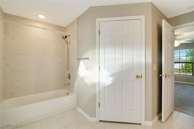 full bath with recessed lighting, baseboards, marble finish floor, and shower / bathtub combination