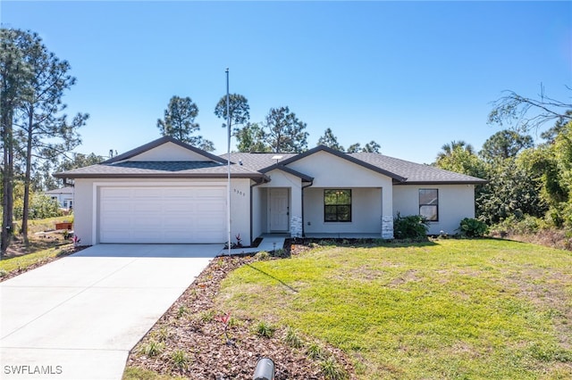 ranch-style home featuring a front yard, an attached garage, a shingled roof, stucco siding, and concrete driveway