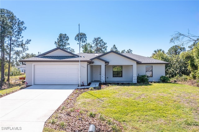 single story home featuring a shingled roof, concrete driveway, a front yard, stucco siding, and a garage