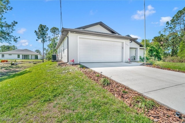 view of property exterior featuring stucco siding, a lawn, an attached garage, concrete driveway, and central AC unit