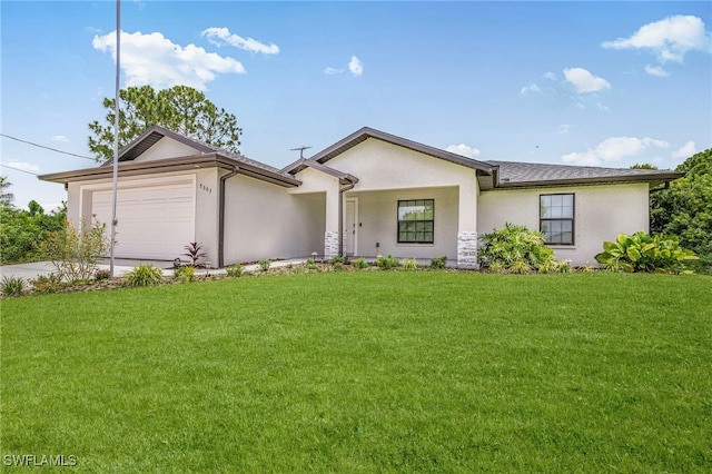 5303 4th St W, Lehigh Acres, FL 33971 - ranch-style house with stucco siding, an attached garage, a front lawn, and concrete driveway