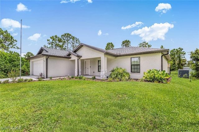 5303 4th St W, Lehigh Acres, FL 33971 - view of front of home featuring stucco siding, an attached garage, a front yard, and driveway