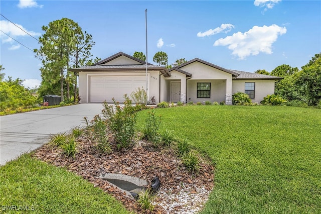5303 4th St W, Lehigh Acres, FL 33971 - ranch-style house featuring stucco siding, driveway, a front lawn, and a garage