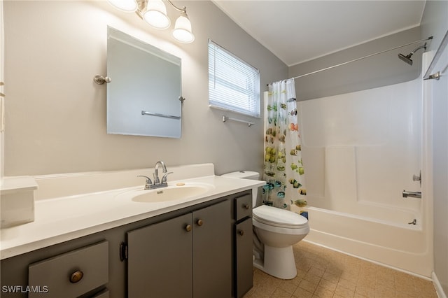 full bathroom with shower / bath combo with shower curtain, toilet, and vanity