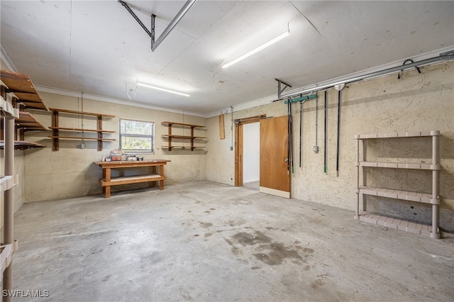 basement with a workshop area and a garage