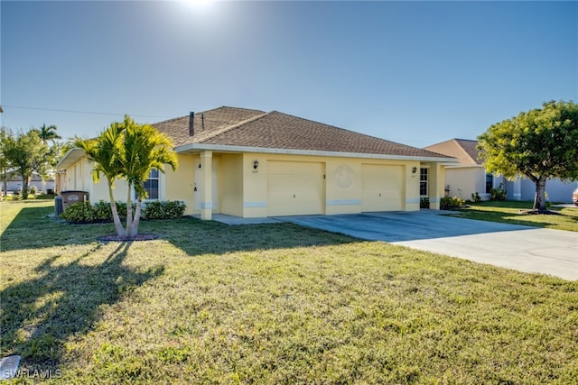 ranch-style home with stucco siding, concrete driveway, a front yard, a shingled roof, and a garage