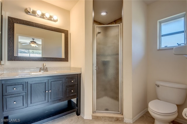 bathroom featuring tile patterned flooring, baseboards, toilet, a stall shower, and vanity