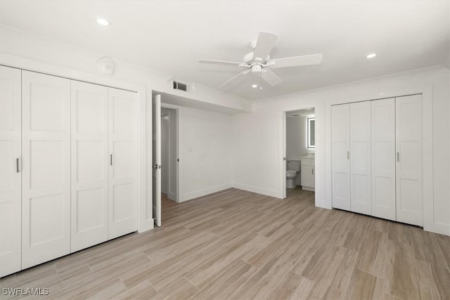 unfurnished bedroom featuring recessed lighting, visible vents, baseboards, and light wood finished floors