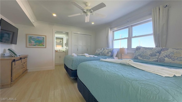 100 Estero Blvd Unit 131, Fort Myers Beach, FL 33931 - bedroom featuring light wood-style floors, baseboards, a closet, a ceiling fan, and recessed lighting