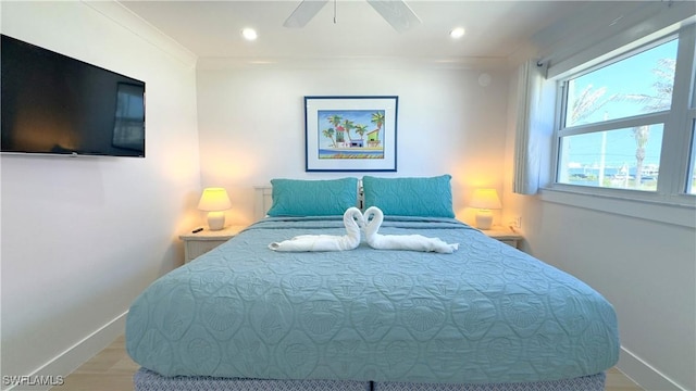 100 Estero Blvd Unit 131, Fort Myers Beach, FL 33931 - bedroom with baseboards, recessed lighting, wood finished floors, and ceiling fan
