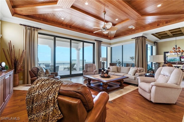 living room with dark wood-style floors, wooden ceiling, and crown molding