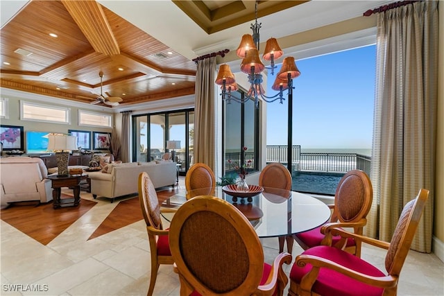 dining space with a notable chandelier, ornamental molding, coffered ceiling, recessed lighting, and wood ceiling