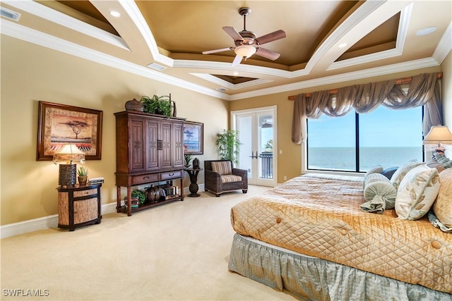 bedroom featuring visible vents, carpet, access to exterior, and ornamental molding