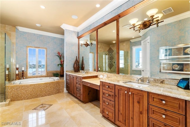 full bathroom featuring a stall shower, visible vents, a chandelier, and wallpapered walls