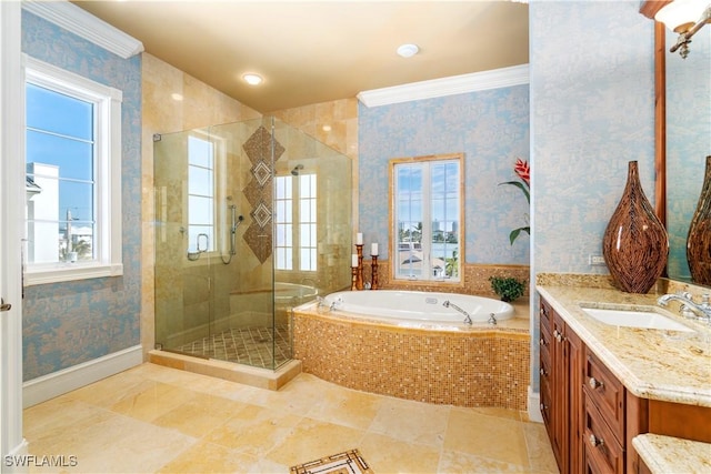 bathroom featuring wallpapered walls, crown molding, a stall shower, a bath, and vanity