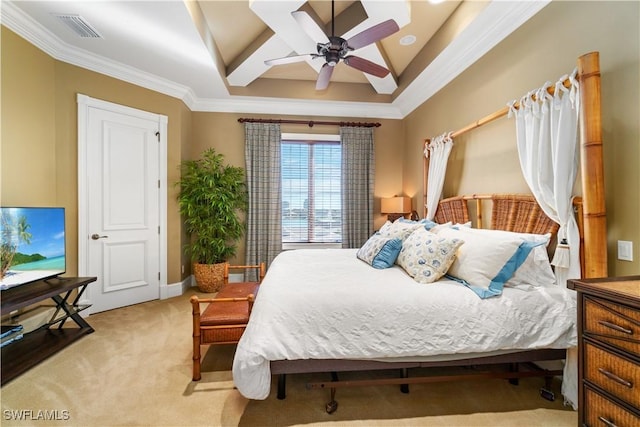 bedroom with light carpet, visible vents, crown molding, and ceiling fan