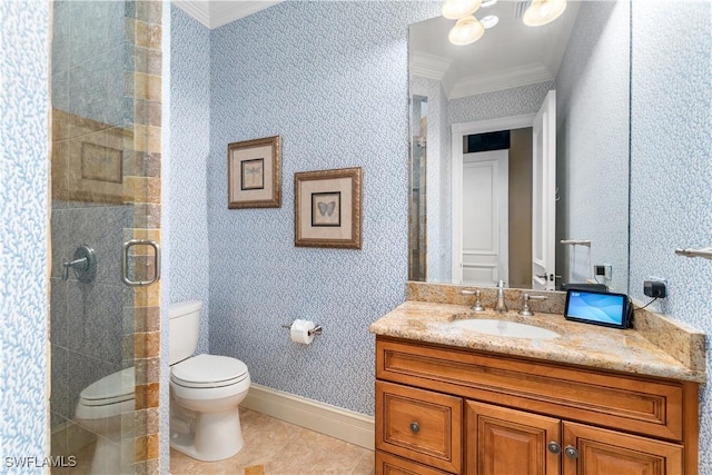 full bath featuring tile patterned floors, toilet, ornamental molding, and wallpapered walls